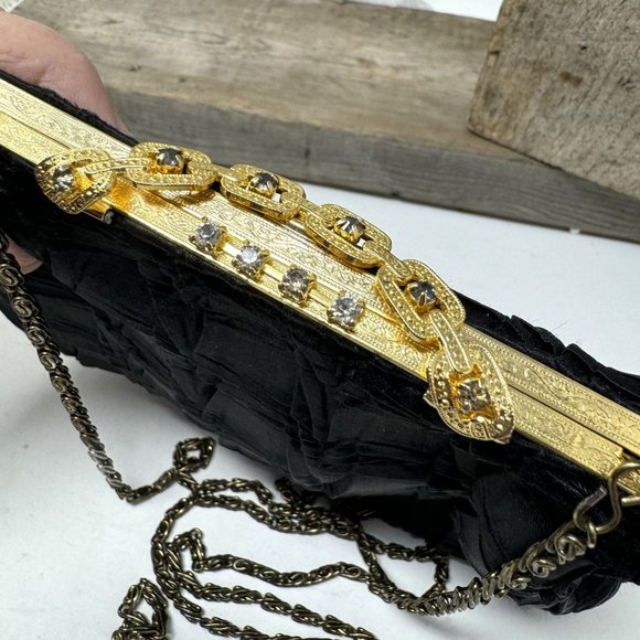 Elegant Black Fabric & Rhinestone Evening Purse w/ Chain - Picture 1 of 8